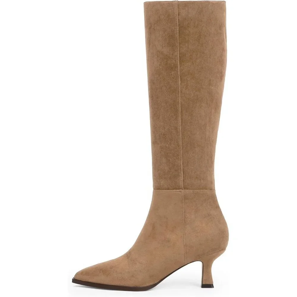 Women's Tan Suede Kitten Low Heel Toe Side Zipper Long Tall Knee High Boots